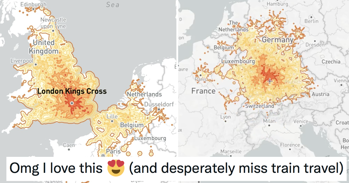 This map shows how far 5 hours train travel will get you from any