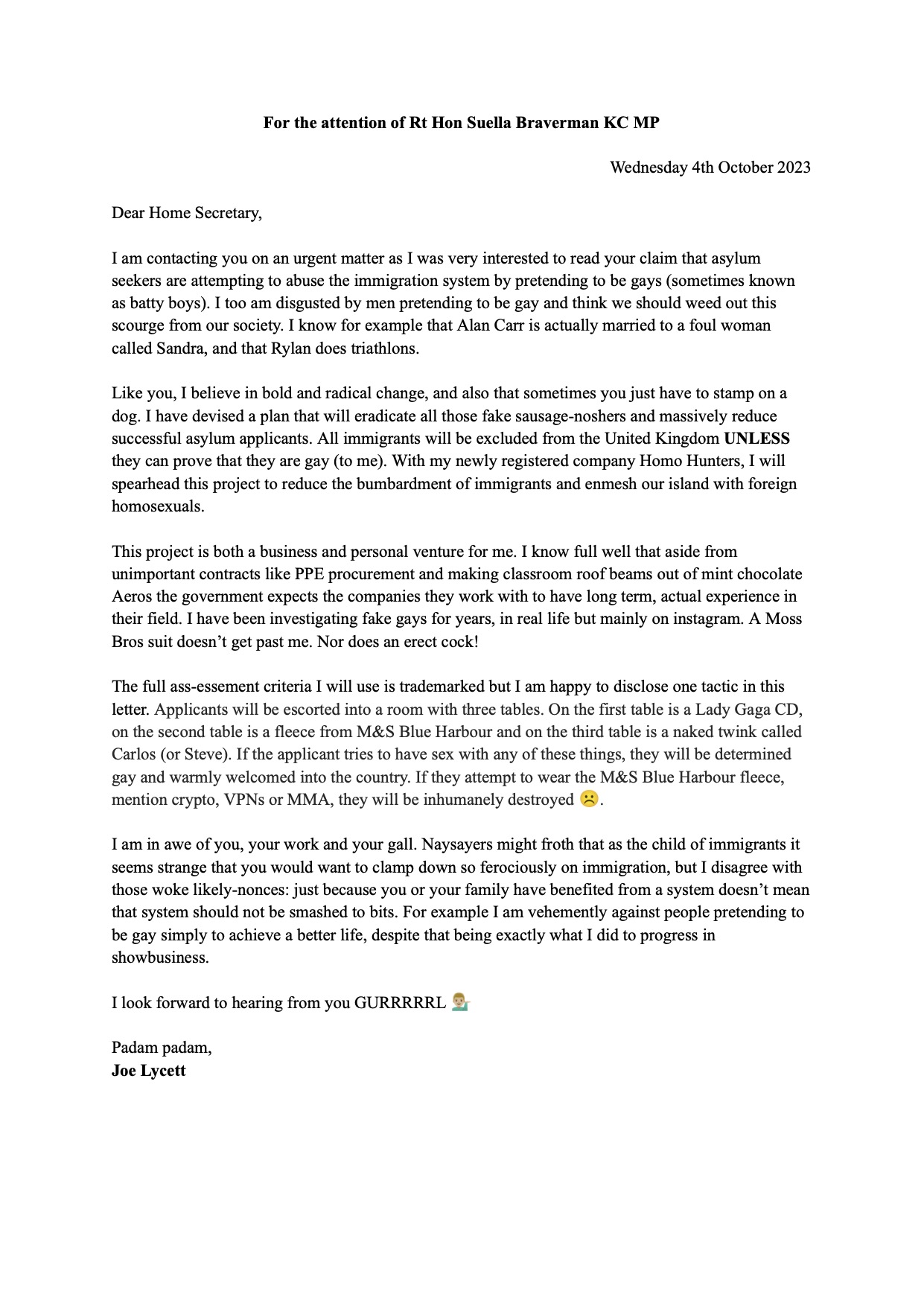 Joe Lycett sent an open letter to Suella Braverman offering to help ...