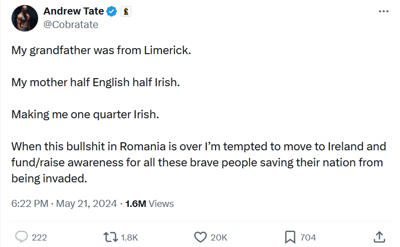 My grandfather was from Limerick. 

My mother half English half Irish. 

Making me one quarter Irish. 

When this bullshit in Romania is over I’m tempted to move to Ireland and fund/raise awareness for all these brave people saving their nation from being invaded.